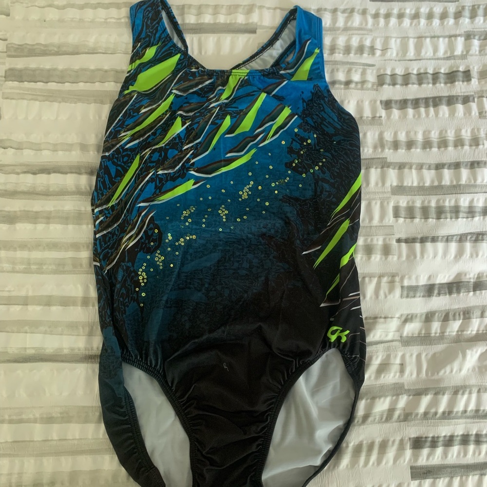 Blue, green, and black racerback GK leotard in size Adult Large (AL)